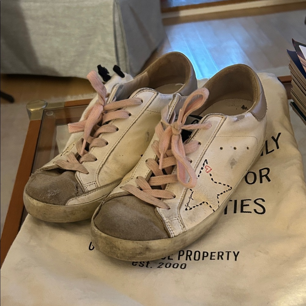 Golden Goose White and Pink Star Sneakers